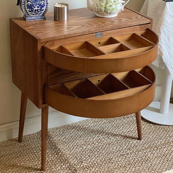 Contemporary Retro Square Semicircle Rotatable Jewelry Storage Red Oak Side Table 3 - Tier For Living Room - Image 3