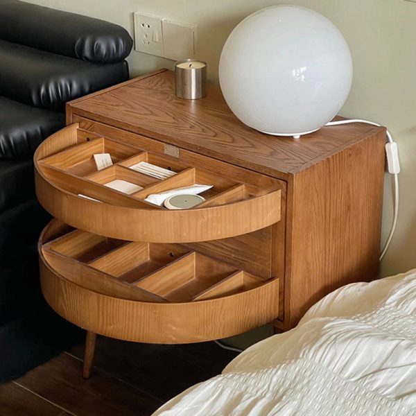 Contemporary Retro Square Semicircle Rotatable Jewelry Storage Red Oak Side Table 3 - Tier For Living Room - Image 9
