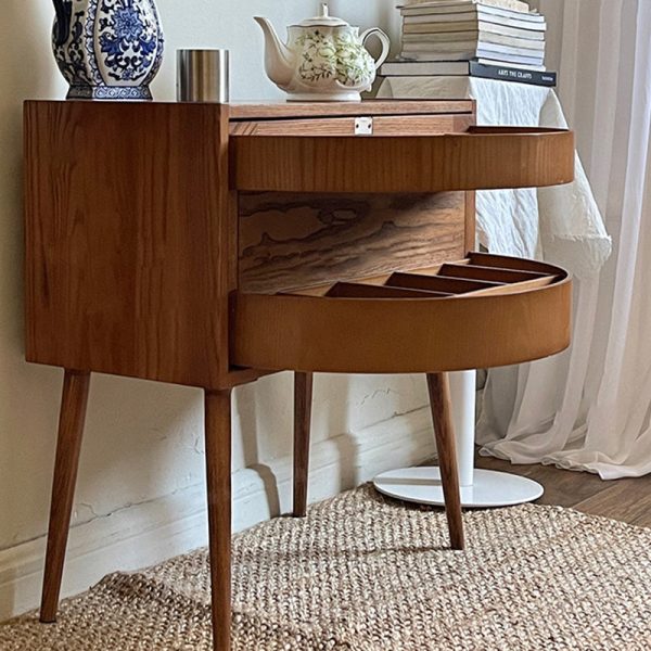 Contemporary Retro Square Semicircle Rotatable Jewelry Storage Red Oak Side Table 3 - Tier For Living Room - Image 16