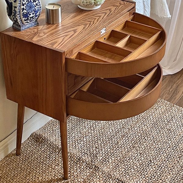 Contemporary Retro Square Semicircle Rotatable Jewelry Storage Red Oak Side Table 3 - Tier For Living Room - Image 13