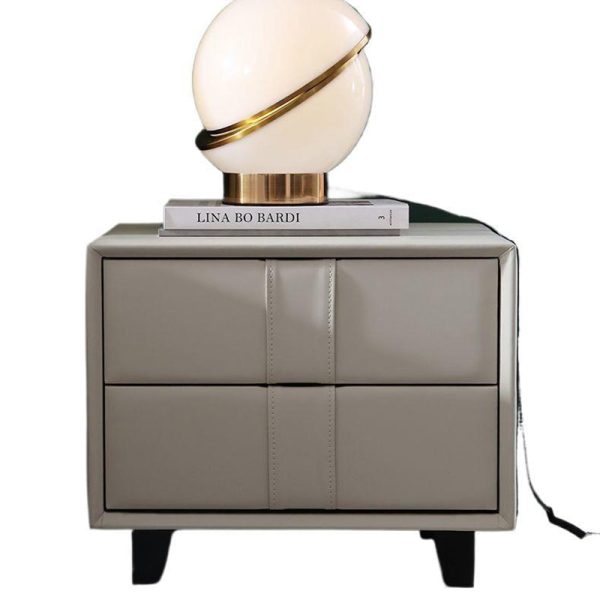 Contemporary Scandinavian Square Cube Solid Wood Leather Nightstand 2 - Drawer For Bedroom - Image 14