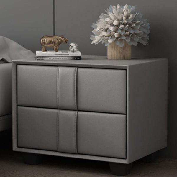 Contemporary Scandinavian Square Cube Solid Wood Leather Nightstand 2 - Drawer For Bedroom - Image 3