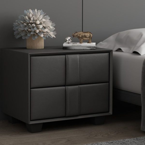 Contemporary Scandinavian Square Cube Solid Wood Leather Nightstand 2 - Drawer For Bedroom - Image 11