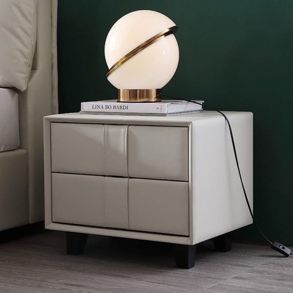 Contemporary Scandinavian Square Cube Solid Wood Leather Nightstand 2 - Drawer For Bedroom - Image 2