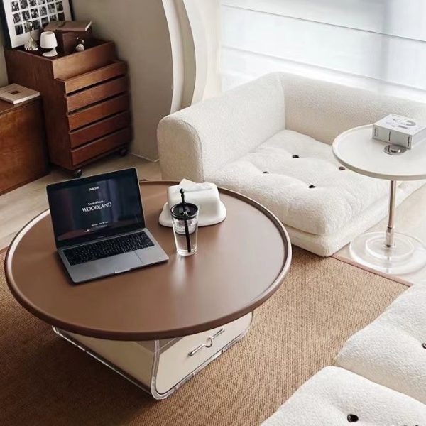 Contemporary Scandinavian Round Cream Artificial Board Acrylic Stainless Steel Coffee Table 1 - Drawer For Living Room - Image 8