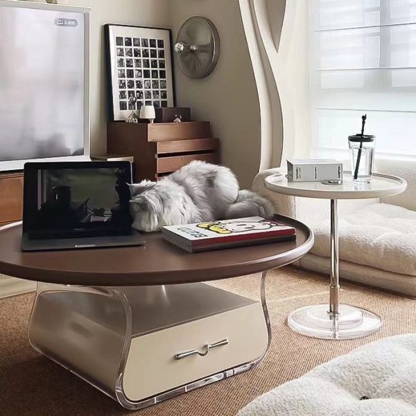Contemporary Scandinavian Round Cream Artificial Board Acrylic Stainless Steel Coffee Table 1 - Drawer For Living Room - Image 9