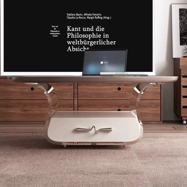 Contemporary Scandinavian Round Cream Artificial Board Acrylic Stainless Steel Coffee Table 1 - Drawer For Living Room - Image 5