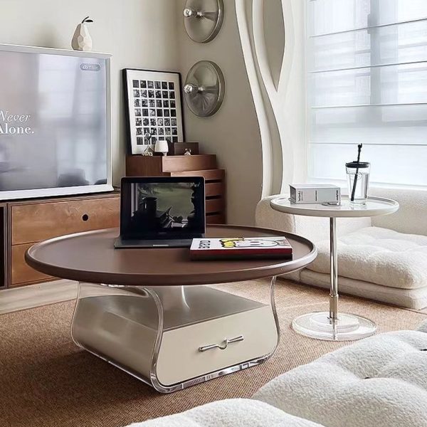 Contemporary Scandinavian Round Cream Artificial Board Acrylic Stainless Steel Coffee Table 1 - Drawer For Living Room - Image 11