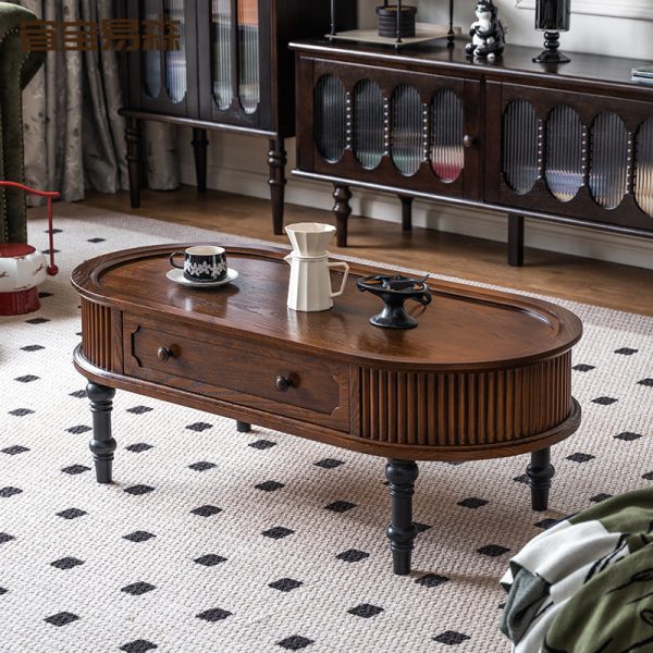 Traditional French Rectangle Cube Pine Solid Wood Coffee Table 2 - Drawer For Living Room