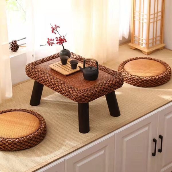Traditional Japanese Round Rectangle Cottonwood Rattan Coffee Table 1 - Tier For Dining Room - Image 3