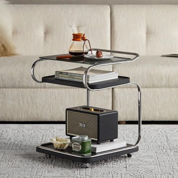 Contemporary Scandinavian Geometry Square Glass Solid Wood Stainless Steel Side Table 3 - Tier For Dining Room - Image 12