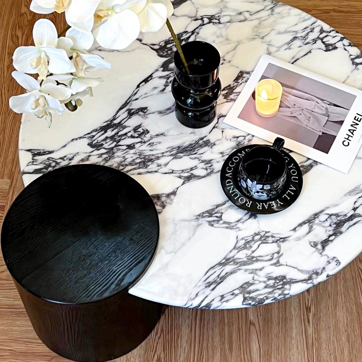 Contemporary Scandinavian Round Marble Solid Wood Coffee Table 1 - Tier For Living Room - Image 9