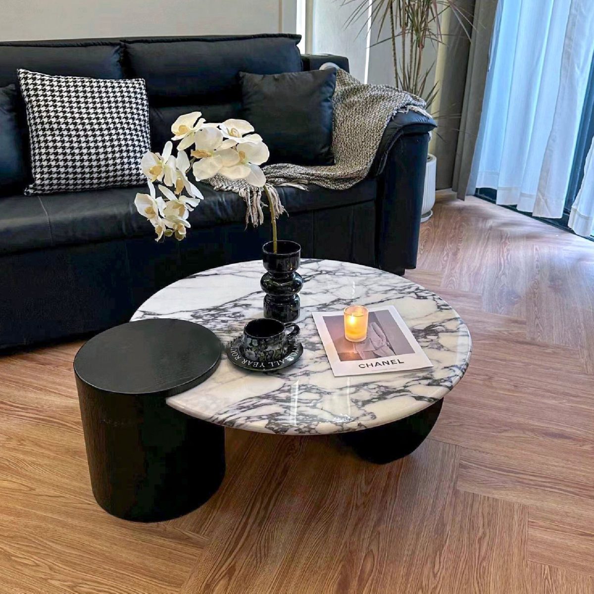 Contemporary Scandinavian Round Marble Solid Wood Coffee Table 1 - Tier For Living Room - Image 2
