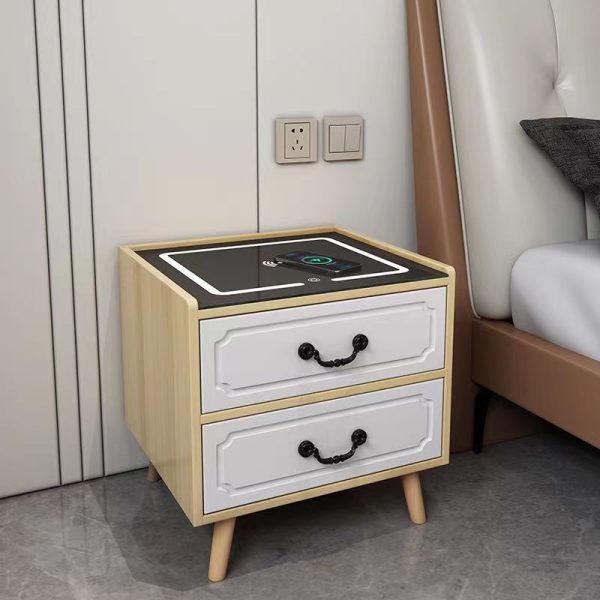 Contemporary Simplicity Square Cube Sensor Light Wireless Charging Solid Wood Glass Hardware Nightstand 2/3 - Drawer For Bedroom - Image 2
