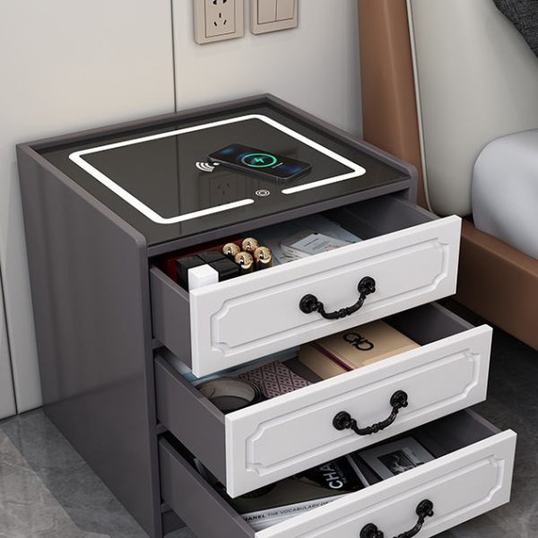 Contemporary Simplicity Square Cube Sensor Light Wireless Charging Solid Wood Glass Hardware Nightstand 2/3 - Drawer For Bedroom - Image 10