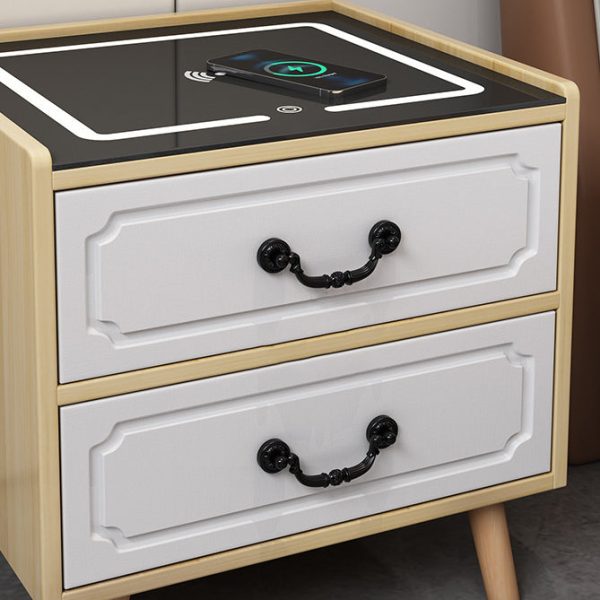 Contemporary Simplicity Square Cube Sensor Light Wireless Charging Solid Wood Glass Hardware Nightstand 2/3 - Drawer For Bedroom - Image 8