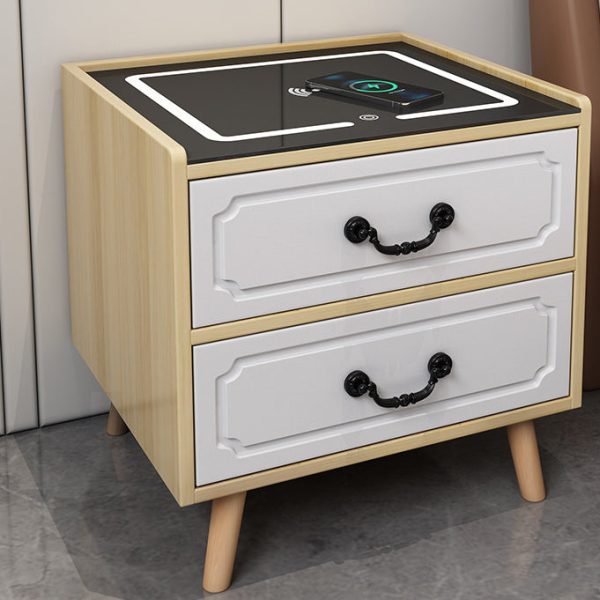 Contemporary Simplicity Square Cube Sensor Light Wireless Charging Solid Wood Glass Hardware Nightstand 2/3 - Drawer For Bedroom - Image 12