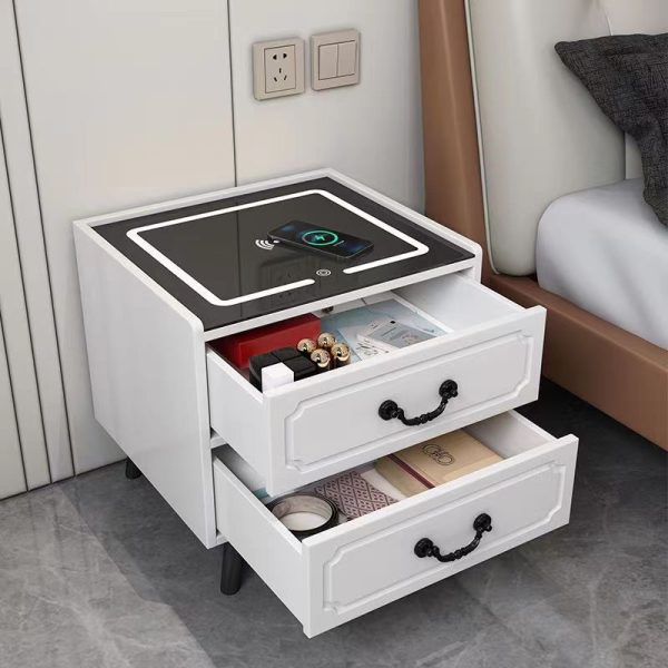Contemporary Simplicity Square Cube Sensor Light Wireless Charging Solid Wood Glass Hardware Nightstand 2/3 - Drawer For Bedroom - Image 7