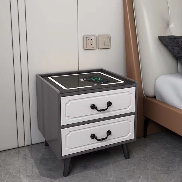 Contemporary Simplicity Square Cube Sensor Light Wireless Charging Solid Wood Glass Hardware Nightstand 2/3 - Drawer For Bedroom - Image 3