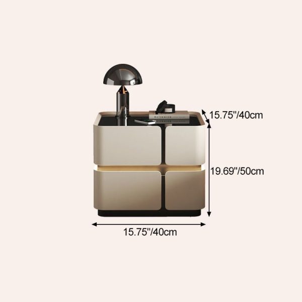 Contemporary Nordic Square Cube Sensor Light Wireless Charging Solid Wood Glass Leather Nightstand 2/3 - Drawer For Bedroom - Image 4