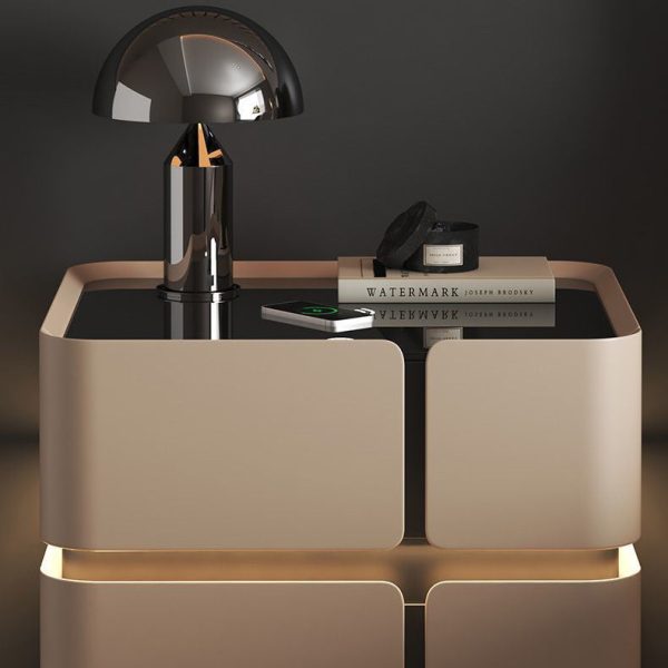 Contemporary Nordic Square Cube Sensor Light Wireless Charging Solid Wood Glass Leather Nightstand 2/3 - Drawer For Bedroom - Image 8