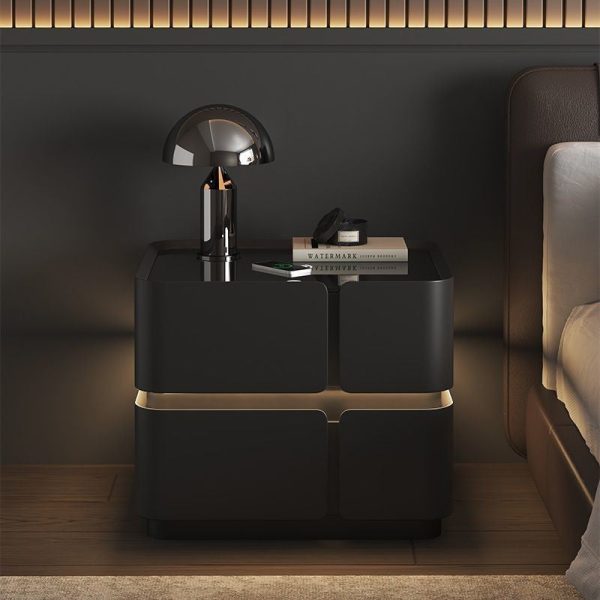 Contemporary Nordic Square Cube Sensor Light Wireless Charging Solid Wood Glass Leather Nightstand 2/3 - Drawer For Bedroom - Image 11