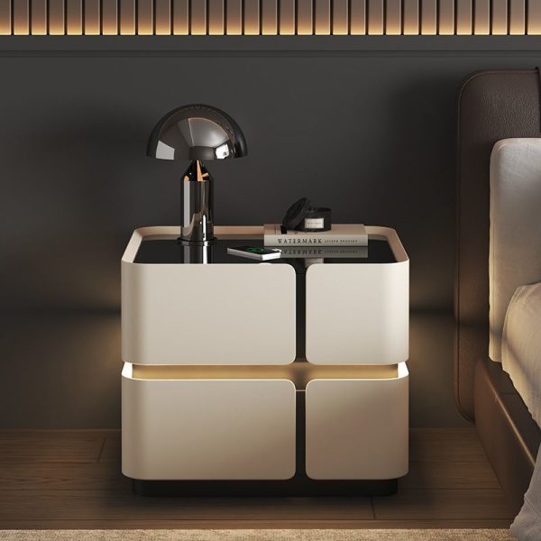 Contemporary Nordic Square Cube Sensor Light Wireless Charging Solid Wood Glass Leather Nightstand 2/3 - Drawer For Bedroom