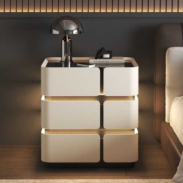 Contemporary Nordic Square Cube Sensor Light Wireless Charging Solid Wood Glass Leather Nightstand 2/3 - Drawer For Bedroom - Image 13