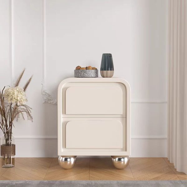 Contemporary Nordic Square Cube Round Ball Foot Solid Wood Hardware Nightstand 2 - Drawer For Bedroom