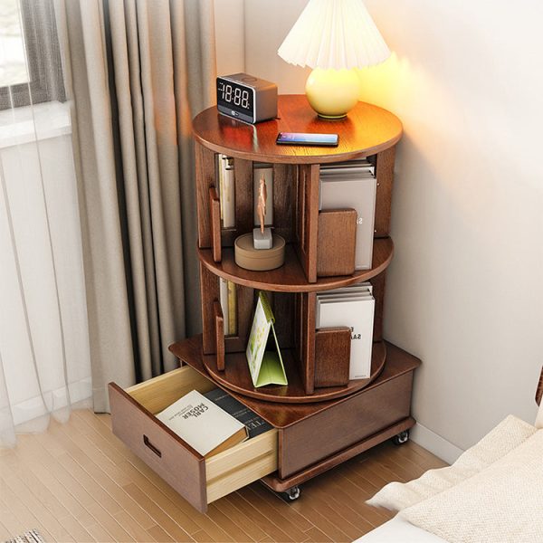 Contemporary Simplicity Round Square Storage Rotatable Bookshelf Solid Wood Hardware Nightstand 1 - Drawer For Bedroom - Image 17