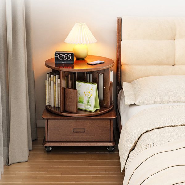 Contemporary Simplicity Round Square Storage Rotatable Bookshelf Solid Wood Hardware Nightstand 1 - Drawer For Bedroom - Image 20