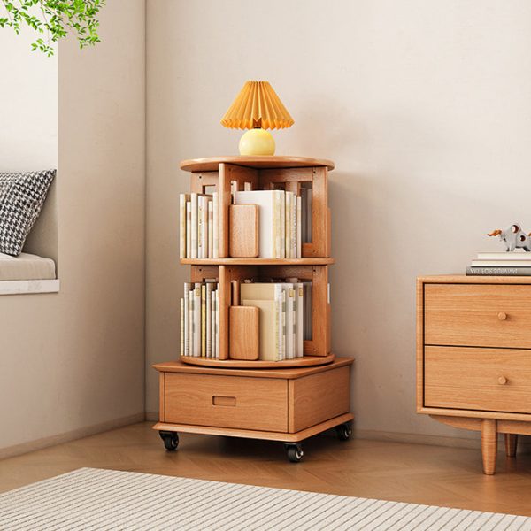 Contemporary Simplicity Round Square Storage Rotatable Bookshelf Solid Wood Hardware Nightstand 1 - Drawer For Bedroom - Image 2