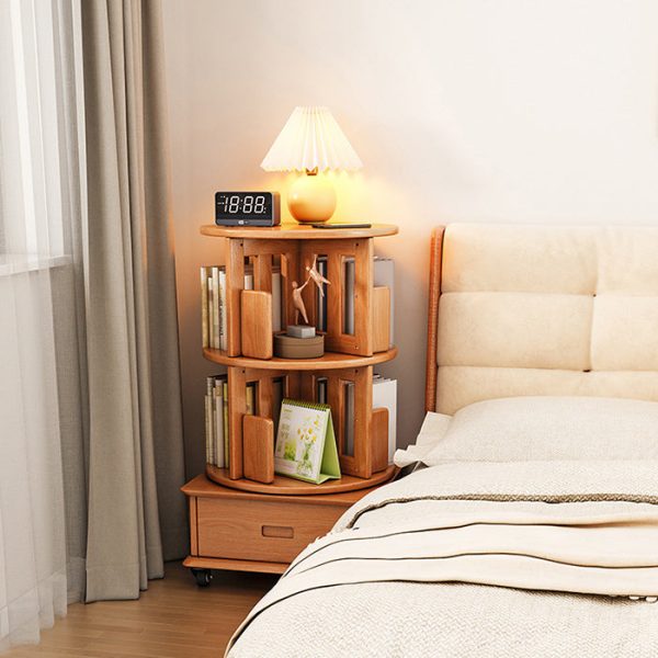 Contemporary Simplicity Round Square Storage Rotatable Bookshelf Solid Wood Hardware Nightstand 1 - Drawer For Bedroom - Image 23