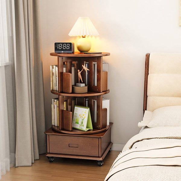 Contemporary Simplicity Round Square Storage Rotatable Bookshelf Solid Wood Hardware Nightstand 1 - Drawer For Bedroom - Image 22