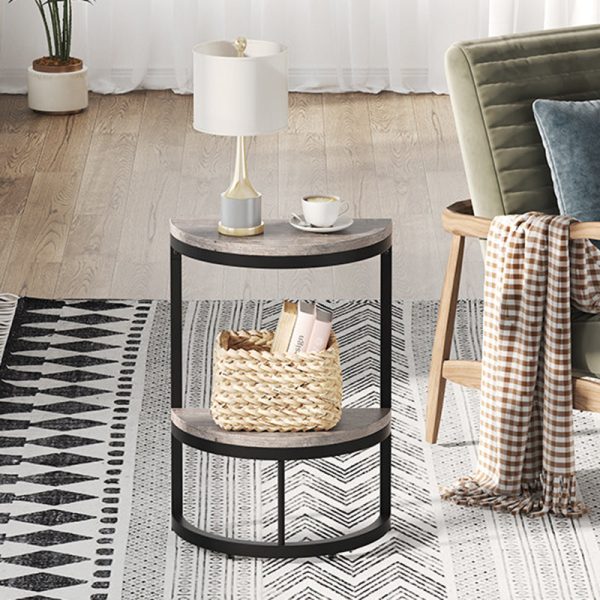 Contemporary Nordic Semicircle Solid Wood Iron End Table 2 - Tier For Living Room - Image 13