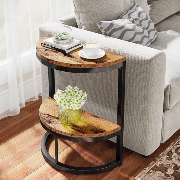 Contemporary Nordic Semicircle Solid Wood Iron End Table 2 - Tier For Living Room