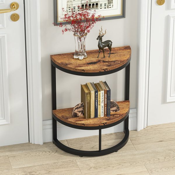 Contemporary Nordic Semicircle Solid Wood Iron End Table 2 - Tier For Living Room - Image 16