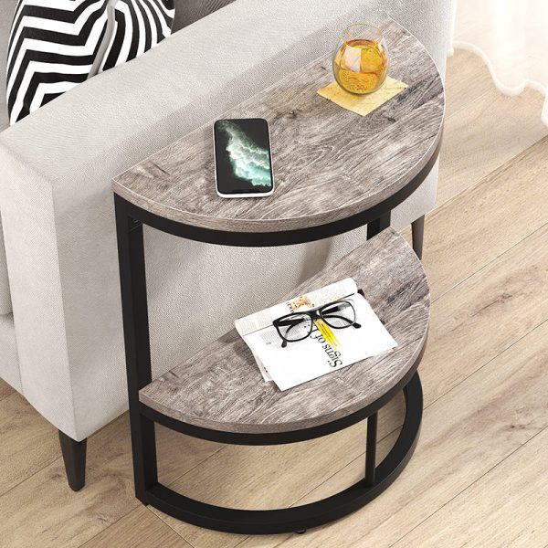 Contemporary Nordic Semicircle Solid Wood Iron End Table 2 - Tier For Living Room - Image 9