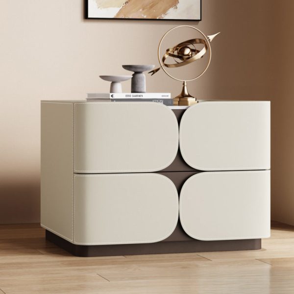 Contemporary Nordic Square Cube Rock Board Saddle Leather Solid Wood Hardware Nightstand 2 - Drawer For Bedroom