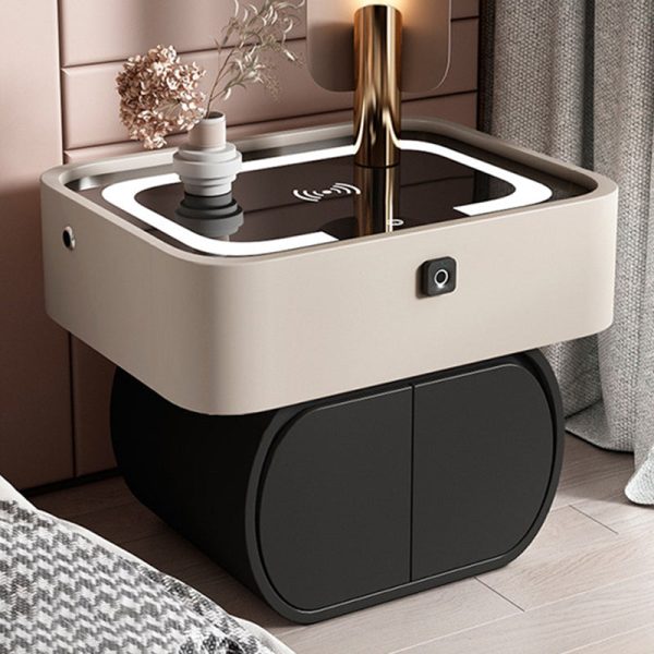 Contemporary Nordic Rectangular Glass Desktop Pine Leather Nightstand 2 - Drawer For Bedroom - Image 2