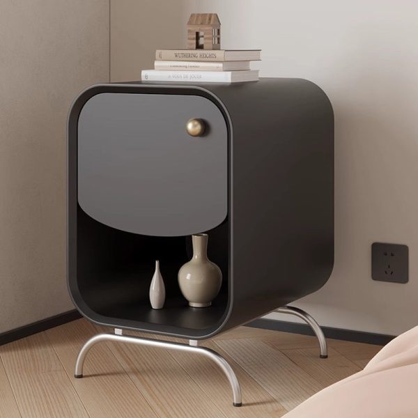 Modern Minimalist Square Solid Wood Multilayer Board Stainless Steel Nightstand 1 - Drawer For Bedroom - Image 2