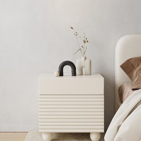Modern Minimalist Square Cube Cream Ripple Solid Wood Stainless Steel Nightstand 1 - Drawer For Bedroom - Image 5