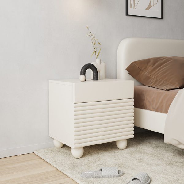Modern Minimalist Square Cube Cream Ripple Solid Wood Stainless Steel Nightstand 1 - Drawer For Bedroom - Image 2