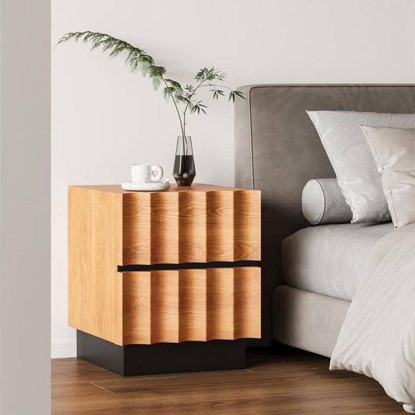 Contemporary Retro Square Water Ripples Pine Hardware Nightstand 2 - Drawer For Bedroom - Image 2