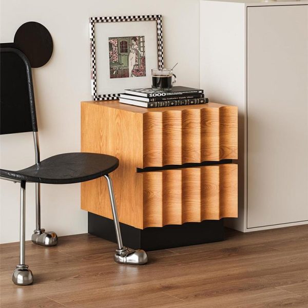 Contemporary Retro Square Water Ripples Pine Hardware Nightstand 2 - Drawer For Bedroom - Image 3