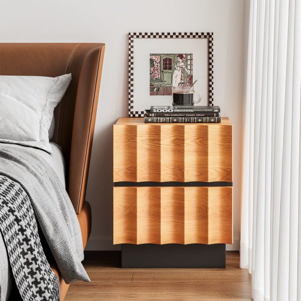 Contemporary Retro Square Water Ripples Pine Hardware Nightstand 2 - Drawer For Bedroom