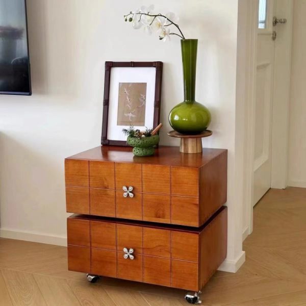 Contemporary Retro Square Cube Four Leaf Clover Swivel Pine Hardware Nightstand 2 - Drawer For Bedroom