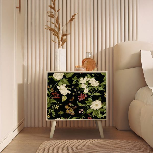Traditional French Square Cube Flower Prints Solid Wood Ash Hardware Nightstand 2 - Drawer For Bedroom