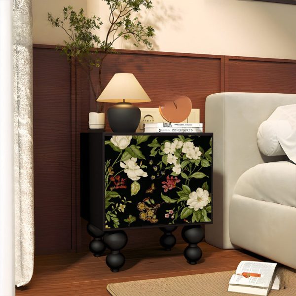 Traditional French Square Cube Flower Prints Solid Wood Ash Hardware Nightstand 2 - Drawer For Bedroom - Image 3
