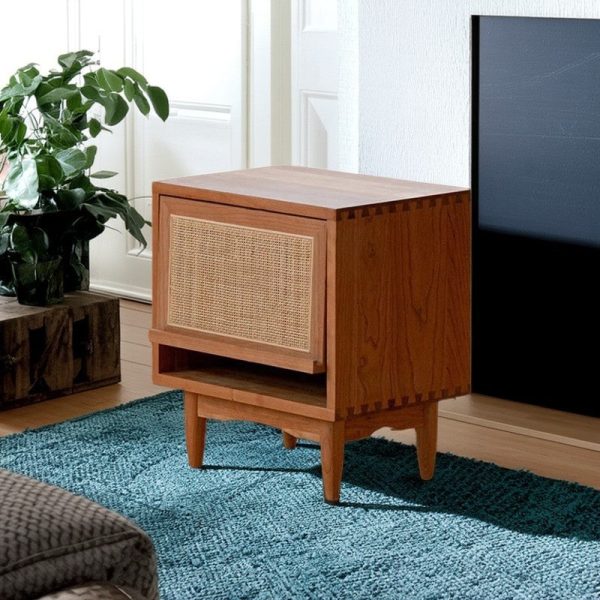 Contemporary Retro Square Cube Flip Door Solid Wood Pine Cherry Wood Nightstand 2 - Tier For Bedroom - Image 6
